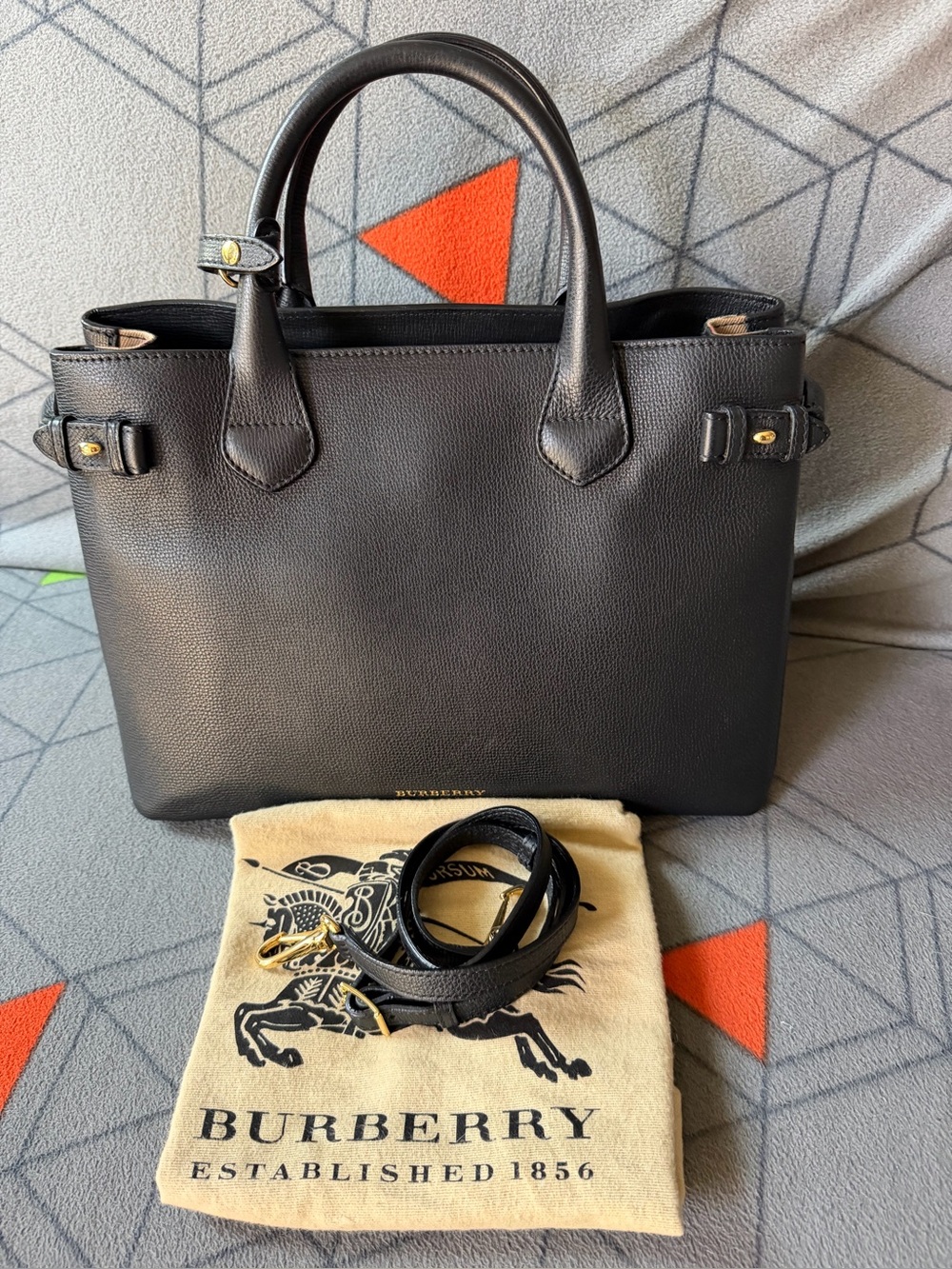 Burberry Black Leather Top-Handle Tote with long strap